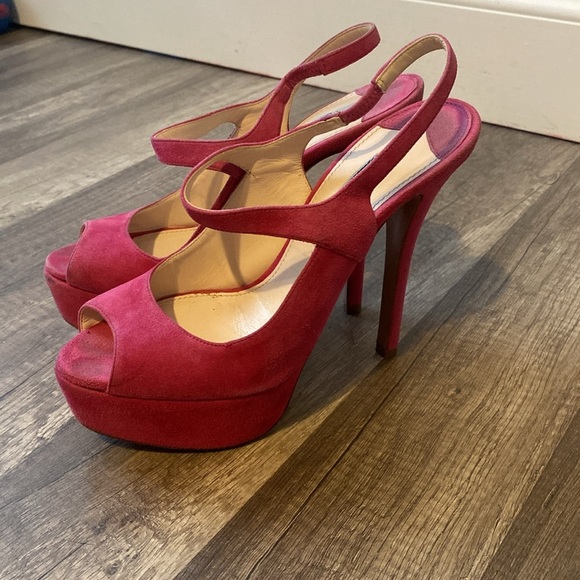 Prada peonia suede sling back peep toe high heels. - Picture 2 of 8